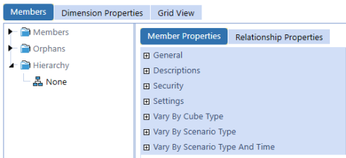 The Member Properties tab has a blue background with white text and a list of the types of properties on a light blue background with blue text: General, Descriptions, Security, Settings, Vary By Cube Type, Vary By Scenario Type, and Vary By Scenario Type and Time. Each item has a plus sign that can be expanded.